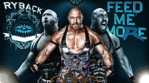 摔角手 Ryback 與惡魔形象及「Feed Me More」文字在宣傳圖像中。 — 摔角 壁紙