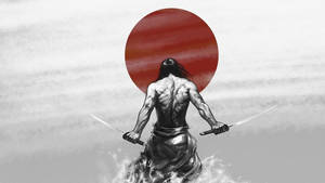 一位肌肉發達的武士戰士手持兩把劍，背景是紅日。 — 日本 壁紙