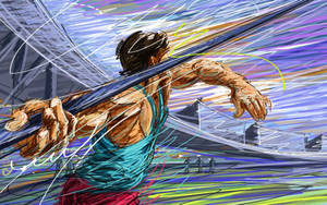 運動員手持標槍在抽象彩色背景前奔跑。