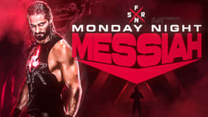 摔角手在紅光照耀的競技場中，帶著「Monday Night Messiah」文字和陰影人物。 — 摔角 壁紙