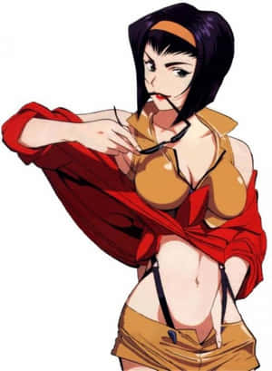 身穿紅色外套和米色服裝的動漫女性，手持眼鏡，表情自信。 — 女主角 壁紙