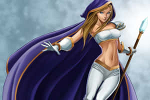 身穿紫色斗篷的動漫女戰士，手持發光長矛。 — 冰雪奇緣 艾莎 壁紙
