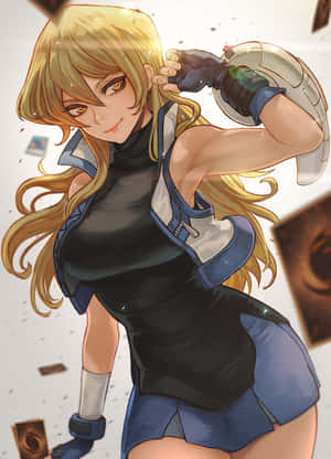 動漫少女身穿藍色盔甲，手持發光武器，周圍漂浮著卡牌。 — Kindle 壁紙