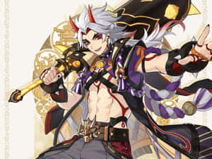 白髮紅角的動漫戰士手持金色武器。 — 原神 壁紙
