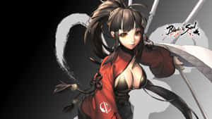 動漫女戰士身穿紅色盔甲，手持劍，身後有旋轉的能量。 — 電玩遊戲 GIF 壁紙