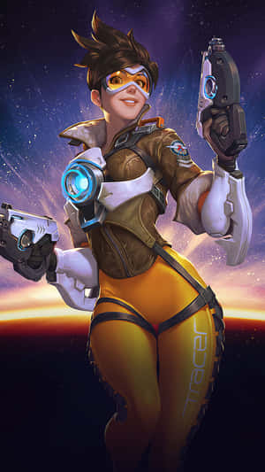 遊戲英雄 Tracer 穿著未來裝備，在宇宙行星地平線前手持兩把手槍。 — 電玩遊戲 GIF 壁紙