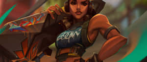 動漫風格女戰士，在森林中手持塗鴉武器 — 電玩遊戲 GIF 壁紙