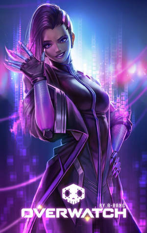 Overwatch英雄穿著未來感紫色套裝，背景為霓虹數位 — 鬥陣特攻 壁紙