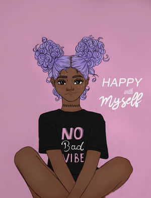 紫色頭髮的年輕女性盤腿坐著，穿著一件寫著「no bad vibe」的襯衫。 — 可愛黑色風格 壁紙