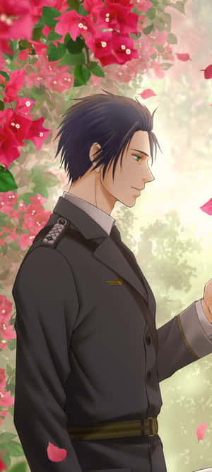 深色制服的動漫男子在盛開的粉紅色花朵下 — 鳶尾花 壁紙