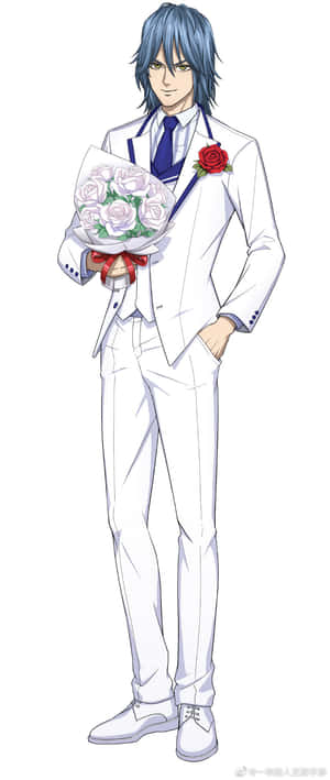 動漫男子身穿白色西裝，手持白玫瑰花束，翻領上有紅玫瑰胸花。 — 鬼滅之刃面具 壁紙