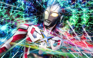 Ultraman被發光的能量光束包圍，在充滿活力的數位場景中。 — 抽象 壁紙