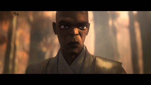 一位嚴肅的光頭男子穿著長袍，在黃昏的森林中專注地凝視。 — 鬼殺隊 善逸 壁紙