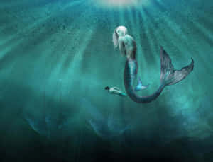 美人魚和潛水員在水下探索沉船。 — 美人魚 壁紙
