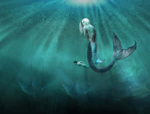 美人魚和潛水員在水下探索沉船。 — 美人魚 壁紙