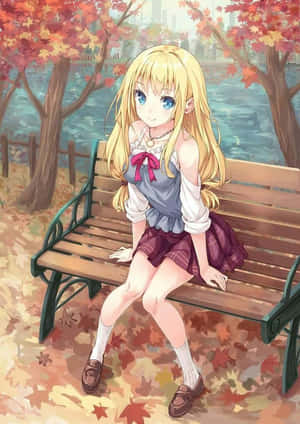 穿著校服的金髮動漫女孩坐在公園長椅上，置身於飄落的秋葉之中。 — 樹木 壁紙