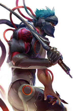 身穿紅灰色盔甲的賽博龐克動漫戰士手持高科技武器。 — 悟空黑 iPhone 壁紙