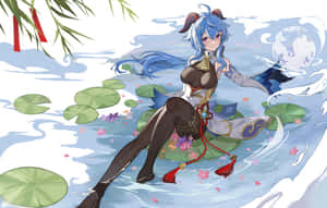 藍髮兔耳動漫女孩坐在有睡蓮和櫻花的池塘中。 — Steam Deck OLED 壁紙