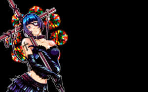 藍髮戴眼罩的動漫女孩，在彩色玻璃前手持帶刺的杖。 — 戰士 壁紙