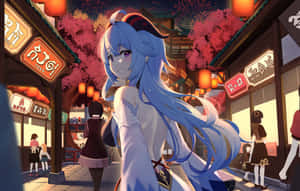 藍髮動漫女孩在夜晚的節日日本街道上，帶著燈籠和煙火微笑。 — Steam Deck OLED 壁紙