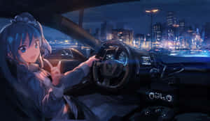 動漫女孩在夜晚駕駛汽車穿過發光的城市。 — 動漫汽車 壁紙