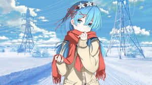 藍髮動漫女孩戴著紅色圍巾站在雪地裡，有電線。 — Re:從零開始的異世界生活 壁紙