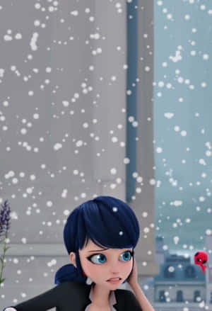 藍髮動漫女孩在雪景城市中仰望飄落的雪花。 — 瑪莉娜 壁紙