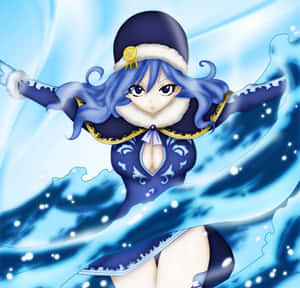 藍髮動漫女孩穿著冬季外套，被冰藍色魔法能量和雪花包圍。 — 妖精尾巴角色 壁紙