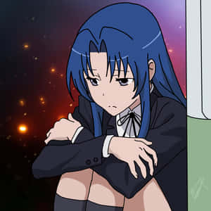 藍髮動漫女孩穿著校服，在星空宇宙背景下擁抱自己。 — 三島一八 壁紙