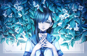 藍髮動漫女孩穿著水手服，在雨中 surrounded by 青綠色樹葉和白色花朵。 — 可愛動漫女孩 壁紙