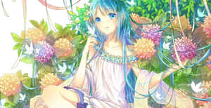 藍髮動漫女孩被色彩繽紛的花朵和白鳥環繞。 — 唯美花卉 壁紙