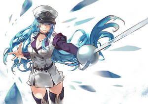 藍髮動漫女孩穿著制服，被冰碎片包圍，揮舞著劍。 — 艾斯德斯 壁紙
