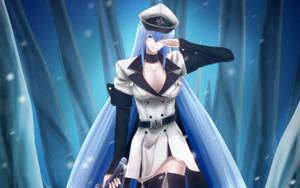 穿著白色海軍制服的動漫女孩在雪藍環境中敬禮。 — 艾斯德斯 壁紙