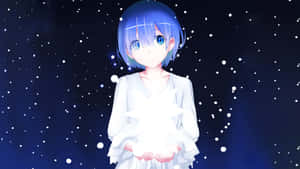 藍髮動漫女孩在繁星點點的夜空中手持一顆發光的星星。 — Re:從零開始的異世界生活 壁紙