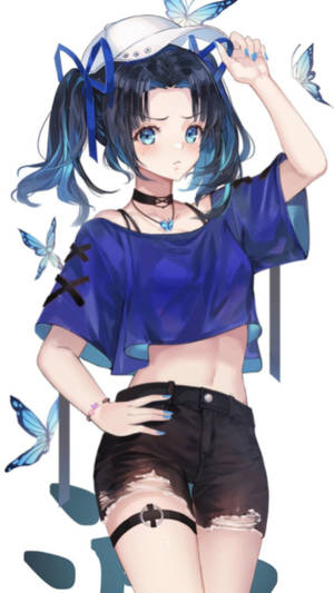 藍髮動漫女孩，蝴蝶圍繞，穿著休閒服裝。 — 動漫惡魔 壁紙