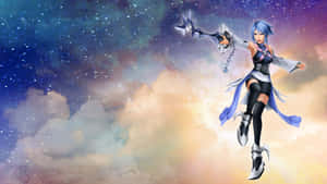 藍髮動漫女孩在星空飛翔手持鍵刃 — 王國之心 壁紙