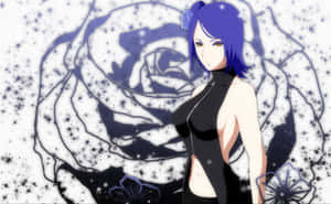 藍髮動漫女孩，黑色服裝，玫瑰背景，閃爍效果。 — 無尾熊 壁紙