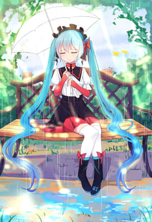 藍髮動漫女孩坐在長椅上，在雨中花園裡撐著傘。 — IQOO Pad 壁紙