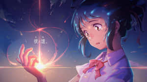 藍髮動漫少女在暮色天空下拿著發光的粉紅色球 — 可愛動漫女孩 壁紙