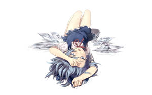 藍髮動漫少女帶著水晶翅膀倒掛著，姿勢寧靜。 — 可愛動漫女孩 壁紙