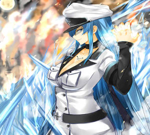 動漫少女穿著白色制服，在火焰爆炸中揮舞冰晶。 — 艾斯德斯 壁紙