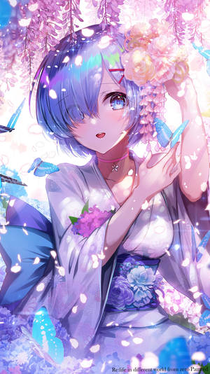紫藤花下穿著花卉和服的動漫少女與發光蝴蝶 — 日本動漫 壁紙