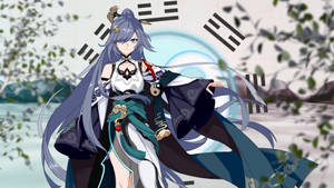 長藍髮動漫少女身穿傳統長袍，在水邊與神秘符號相伴。 — 春天花朵 壁紙