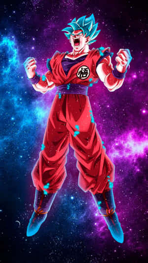 動漫角色悟空穿著紅色道服在太空中咆哮，身後是宇宙星雲。 — 日式美學 iPhone 壁紙