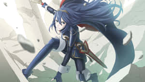 藍髮動漫戰士持劍擊碎石頭。 — 電玩遊戲 GIF 壁紙
