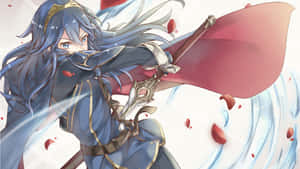 藍髮紅披風的動漫戰士在飄落的花瓣中揮舞著劍。 — 電玩遊戲 GIF 壁紙