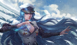 藍髮動漫水手女性在雪風中施展發光魔法。 — 艾斯卡諾 壁紙