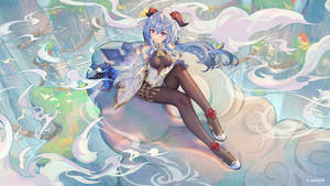 藍髮有角的動漫女孩在魔法天空的雲上與鳥兒一起放鬆。 — 動漫 壁紙