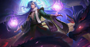 藍髮動漫法師騎著巨龍，施展發光的紫色魔法球。