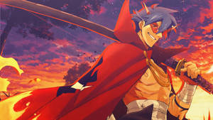 藍髮紅斗篷的動漫戰士在夕陽下持劍。 — 天元突破紅蓮螺巖 壁紙
